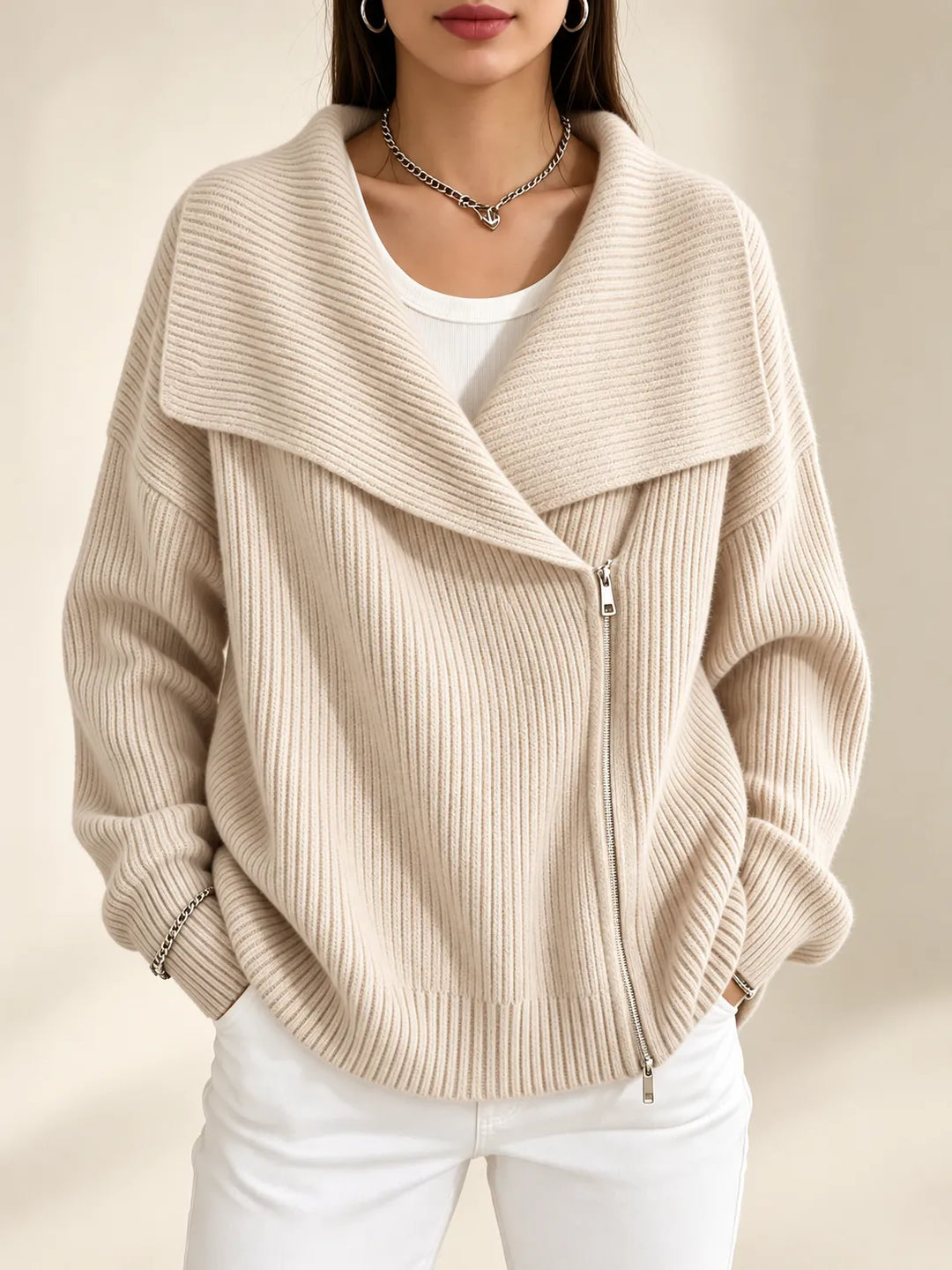 Nerissa | Oversized Collar Zip Cardigan