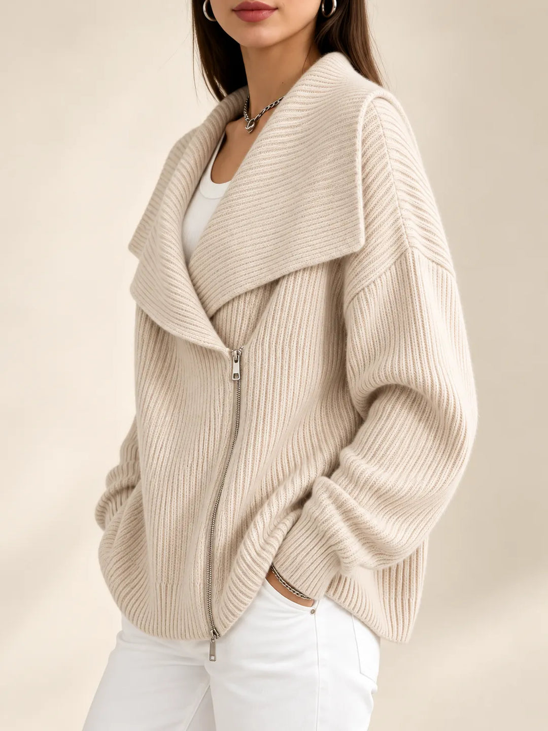Nerissa | Oversized Collar Zip Cardigan