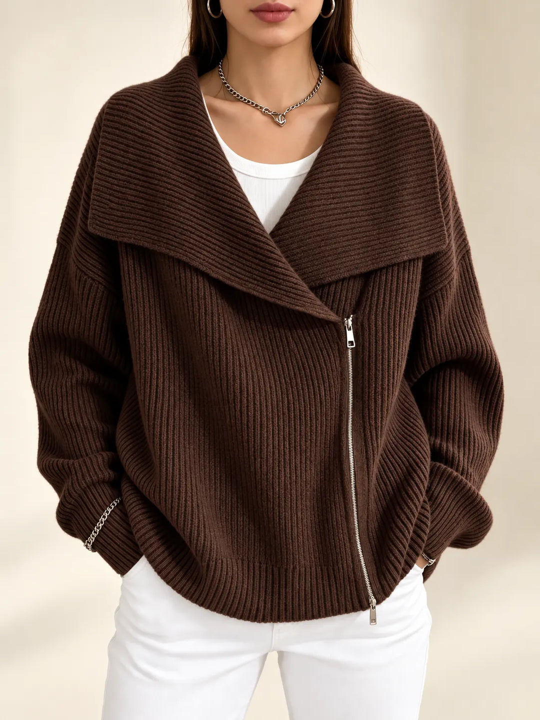 Nerissa | Oversized Collar Zip Cardigan