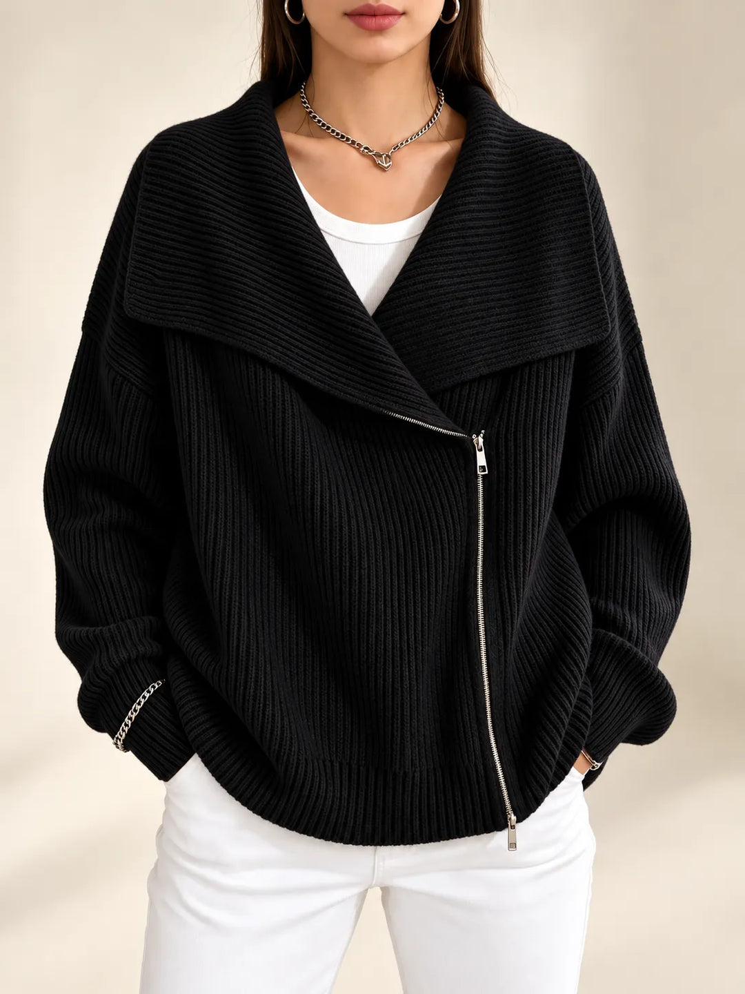 Nerissa | Oversized Collar Zip Cardigan