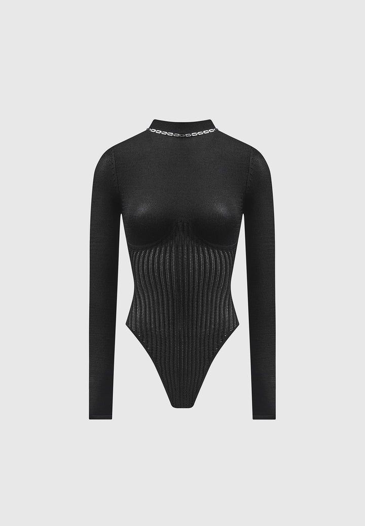 Contour Knit Bodysuit with Chain - Black