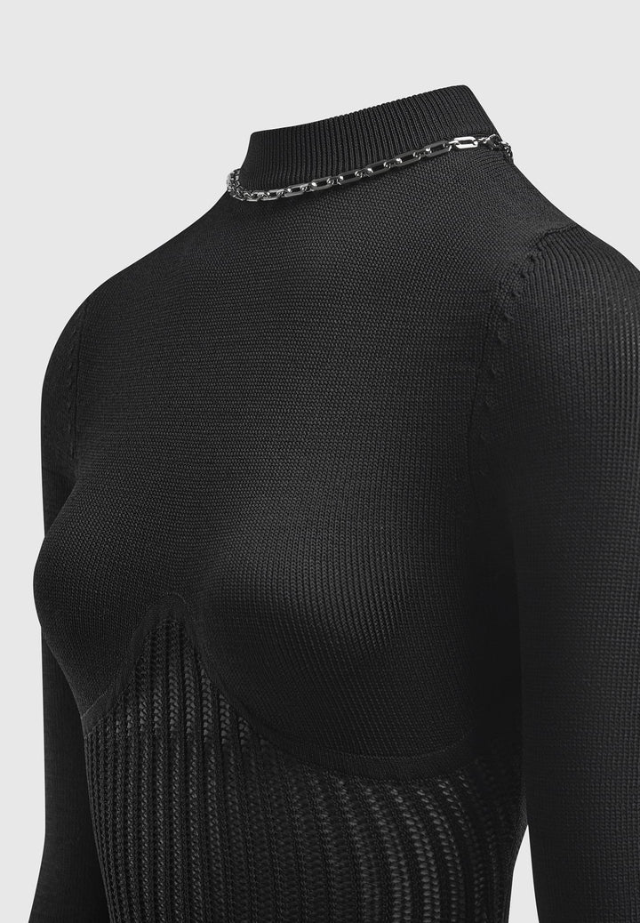 Contour Knit Bodysuit with Chain - Black