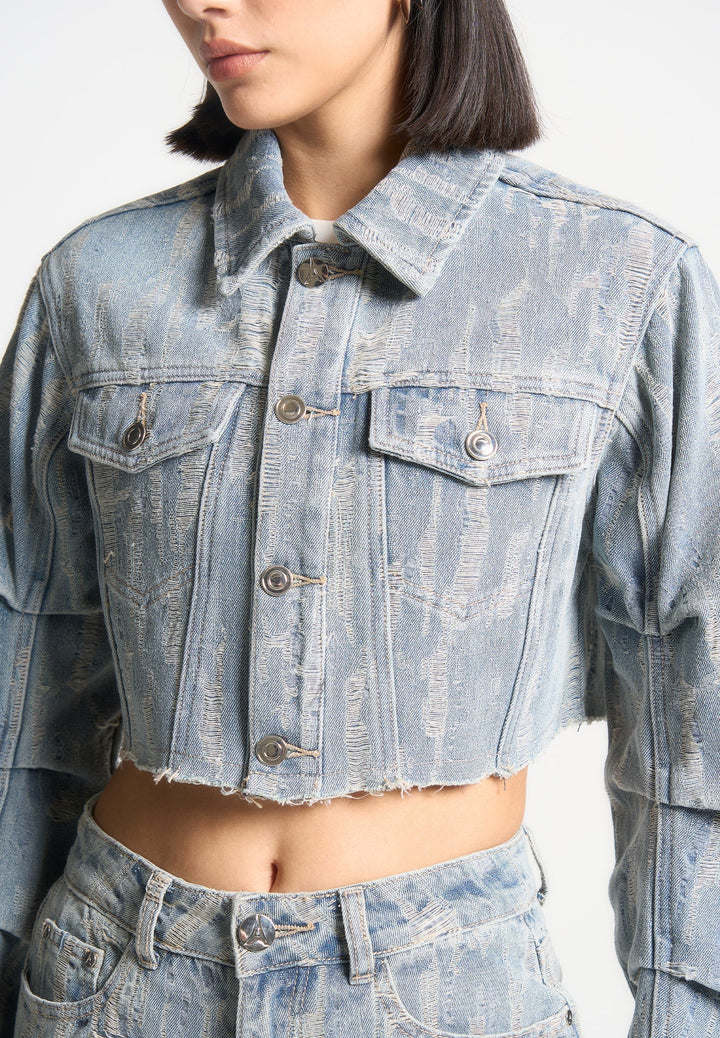 Alice - Cropped Distressed Denim Jacket - Mid Blue