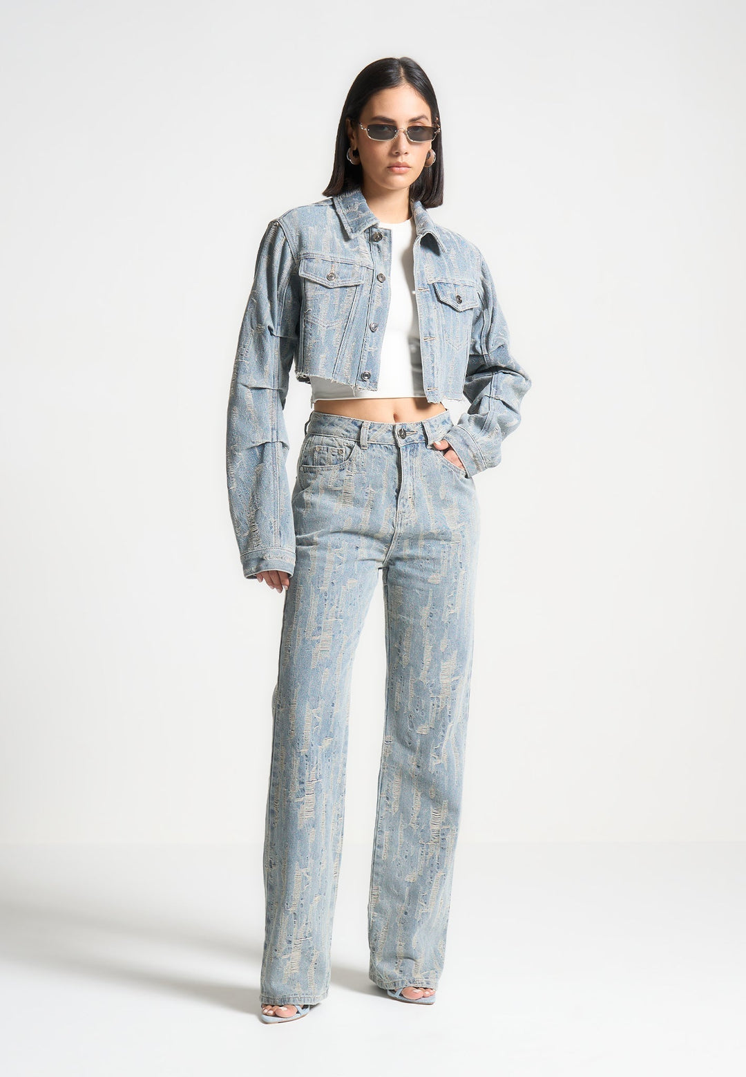 Alice - Cropped Distressed Denim Jacket - Mid Blue