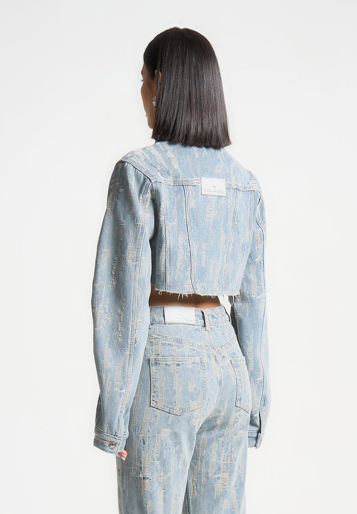 Alice - Cropped Distressed Denim Jacket - Mid Blue