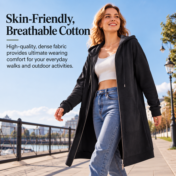 Kia | Mid-Length Hooded Zip-Up Sweatshirt Cardigan with Pockets