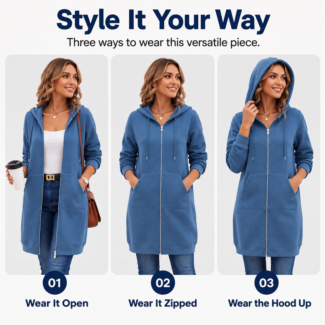 Kia | Mid-Length Hooded Zip-Up Sweatshirt Cardigan with Pockets