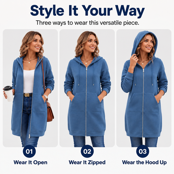 Kia | Mid-Length Hooded Zip-Up Sweatshirt Cardigan with Pockets