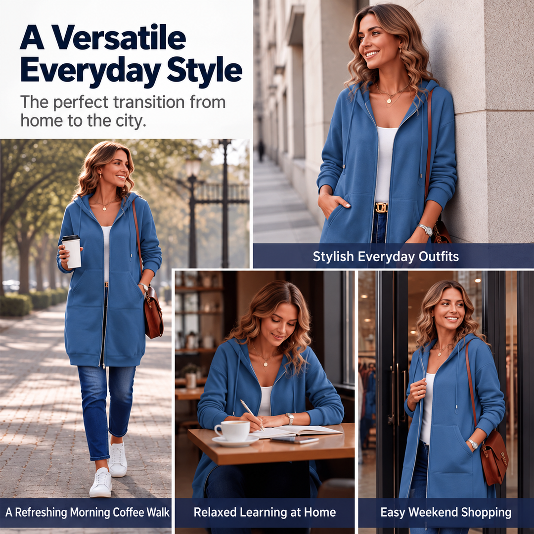 Kia | Mid-Length Hooded Zip-Up Sweatshirt Cardigan with Pockets