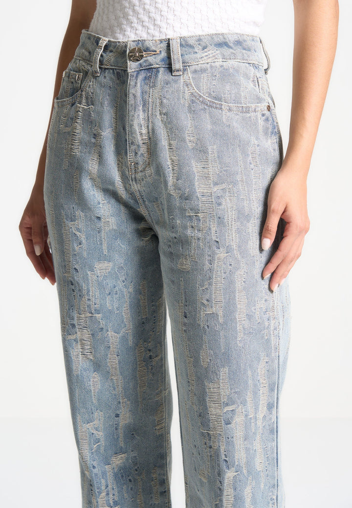 Florence - Distressed High Rise Straight Leg Jeans - Mid Blue