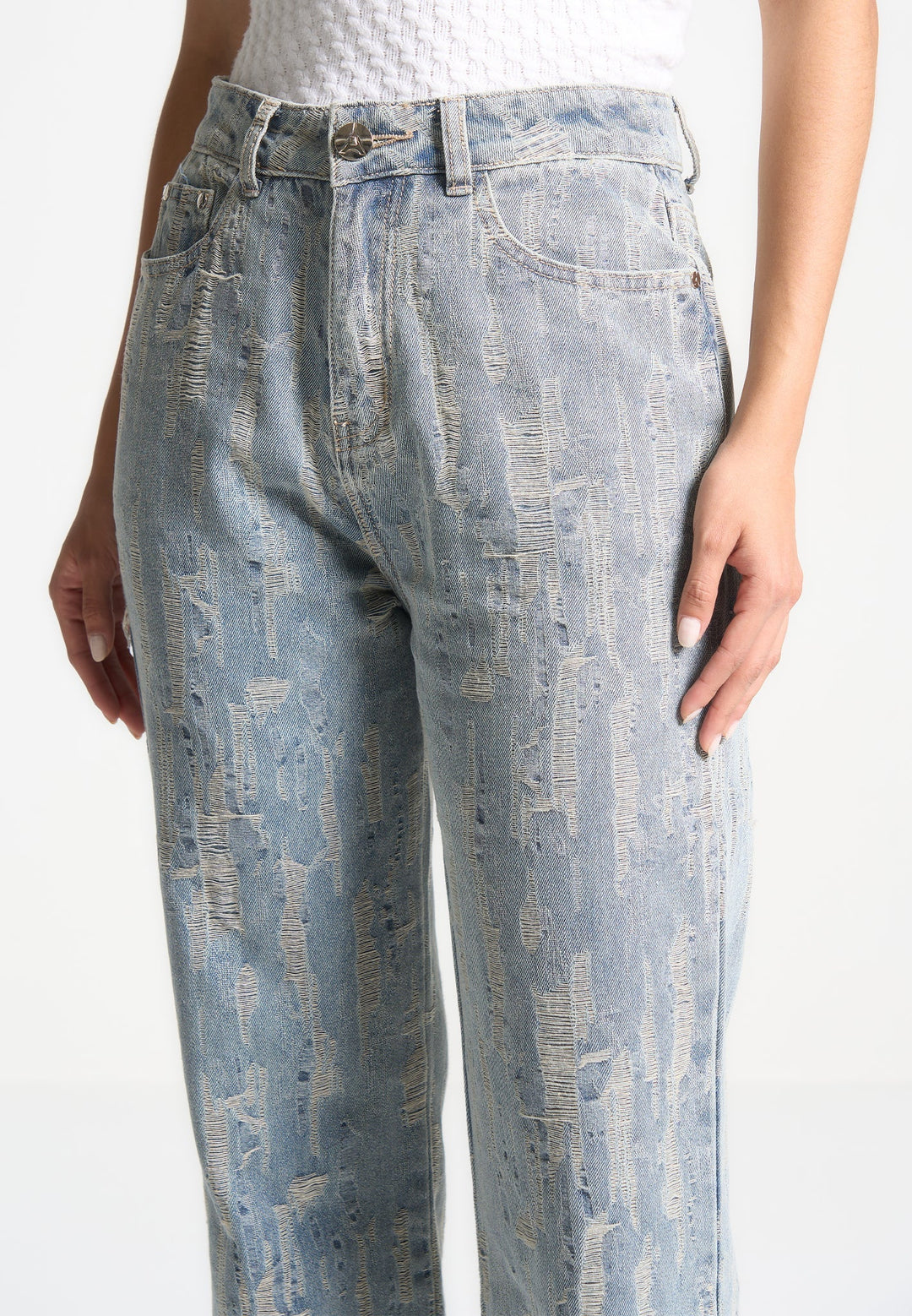 Florence - Distressed High Rise Straight Leg Jeans - Mid Blue