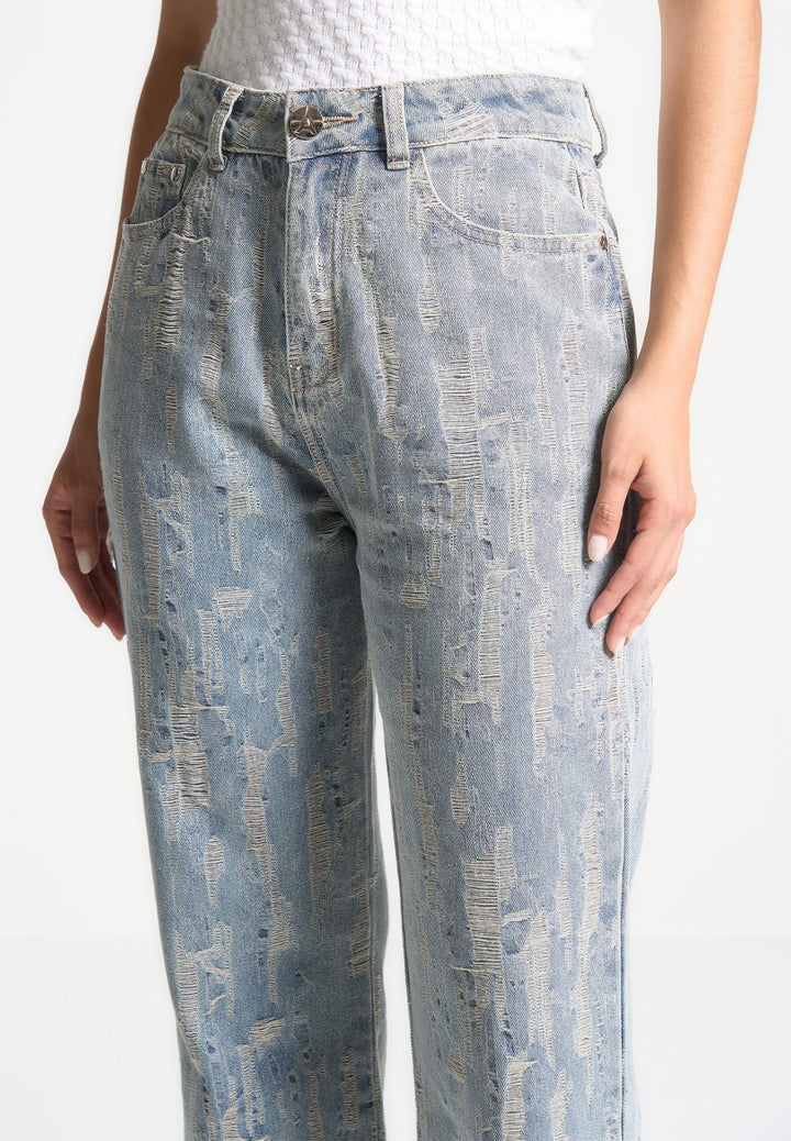 Florence - Distressed High Rise Straight Leg Jeans - Mid Blue