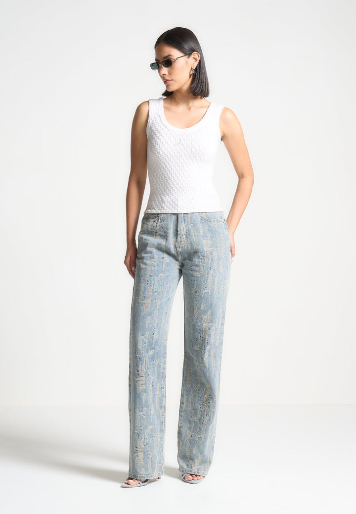 Florence - Distressed High Rise Straight Leg Jeans - Mid Blue