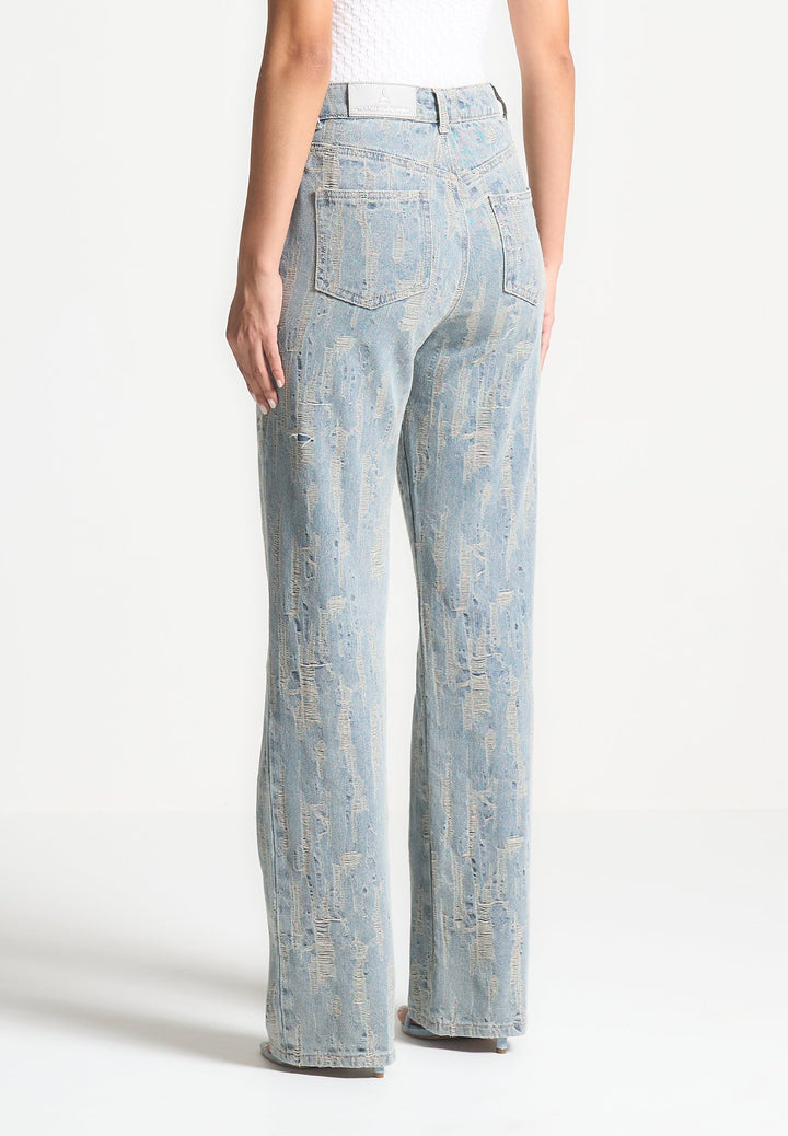 Florence - Distressed High Rise Straight Leg Jeans - Mid Blue