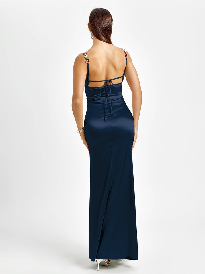 Embellished Strap Tie Back Satin Bodycon Dress