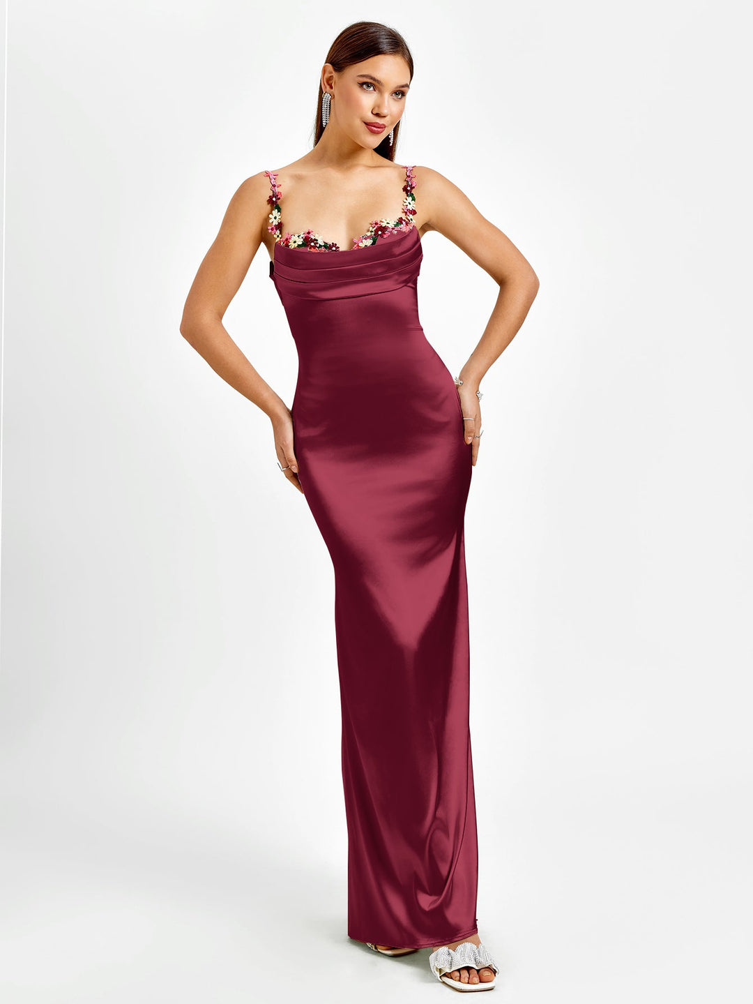Embellished Strap Tie Back Satin Bodycon Dress