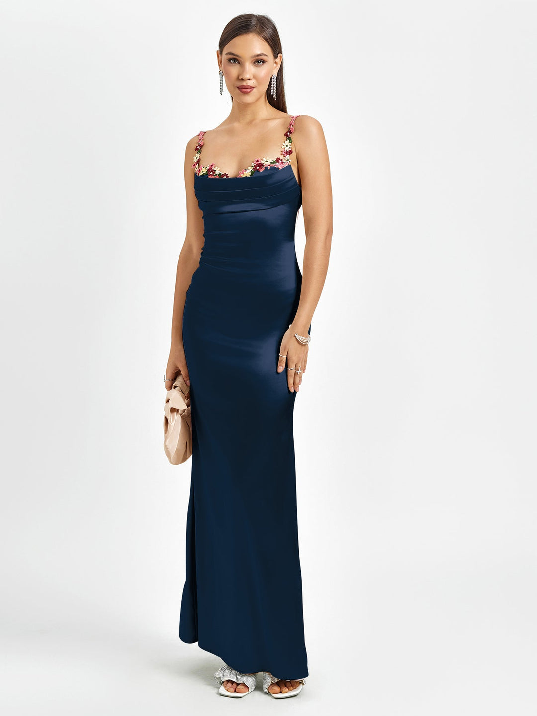 Embellished Strap Tie Back Satin Bodycon Dress