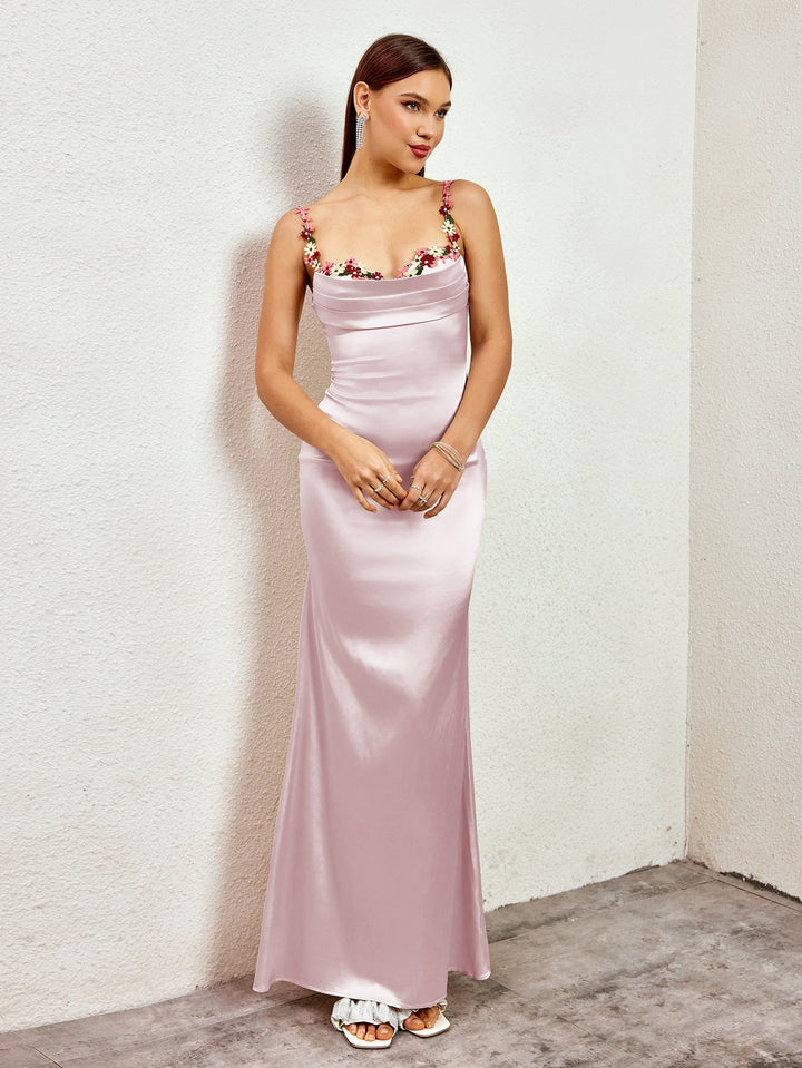 Embellished Strap Tie Back Satin Bodycon Dress