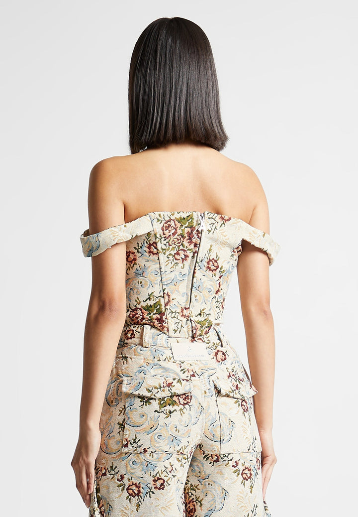 Bonnie - Floral Jacquard Bardot Corset Top - Beige