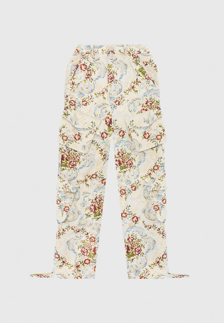 Anne - Floral Jacquard High Waisted Cargo Pants - Beige