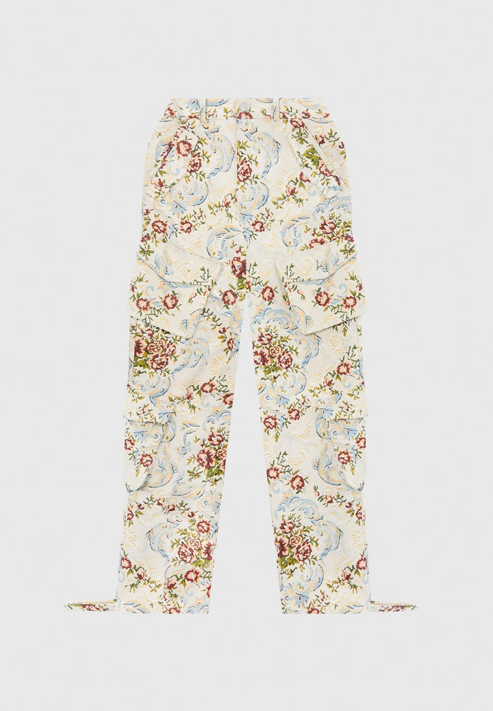 Anne - Floral Jacquard High Waisted Cargo Pants - Beige