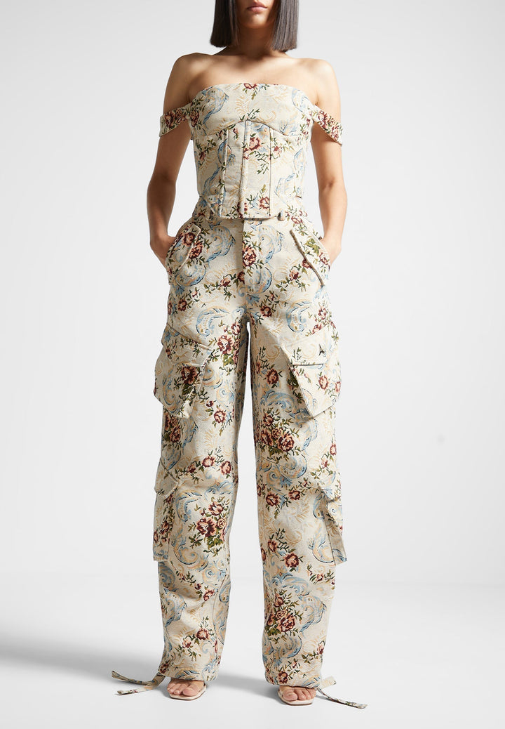 Anne - Floral Jacquard High Waisted Cargo Pants - Beige