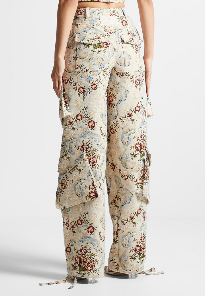 Anne - Floral Jacquard High Waisted Cargo Pants - Beige