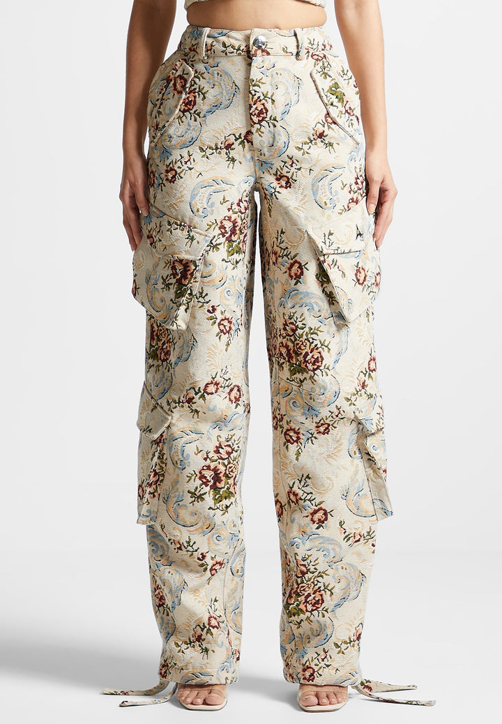 Anne - Floral Jacquard High Waisted Cargo Pants - Beige