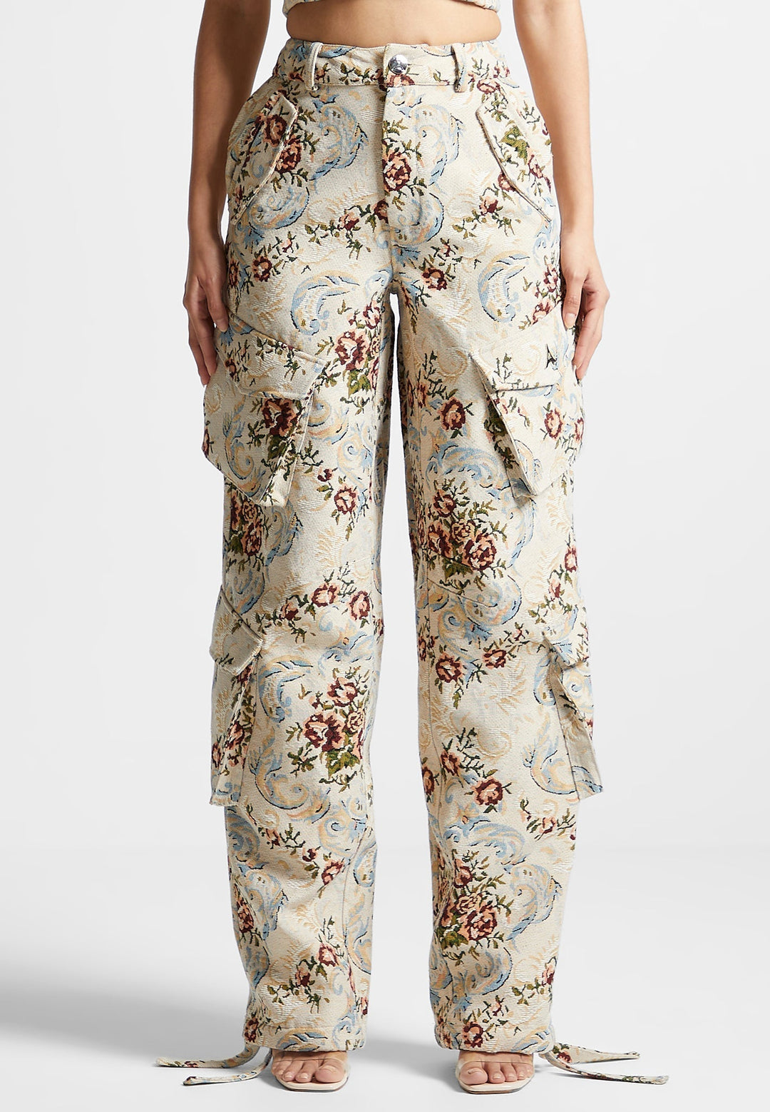 Anne - Floral Jacquard High Waisted Cargo Pants - Beige