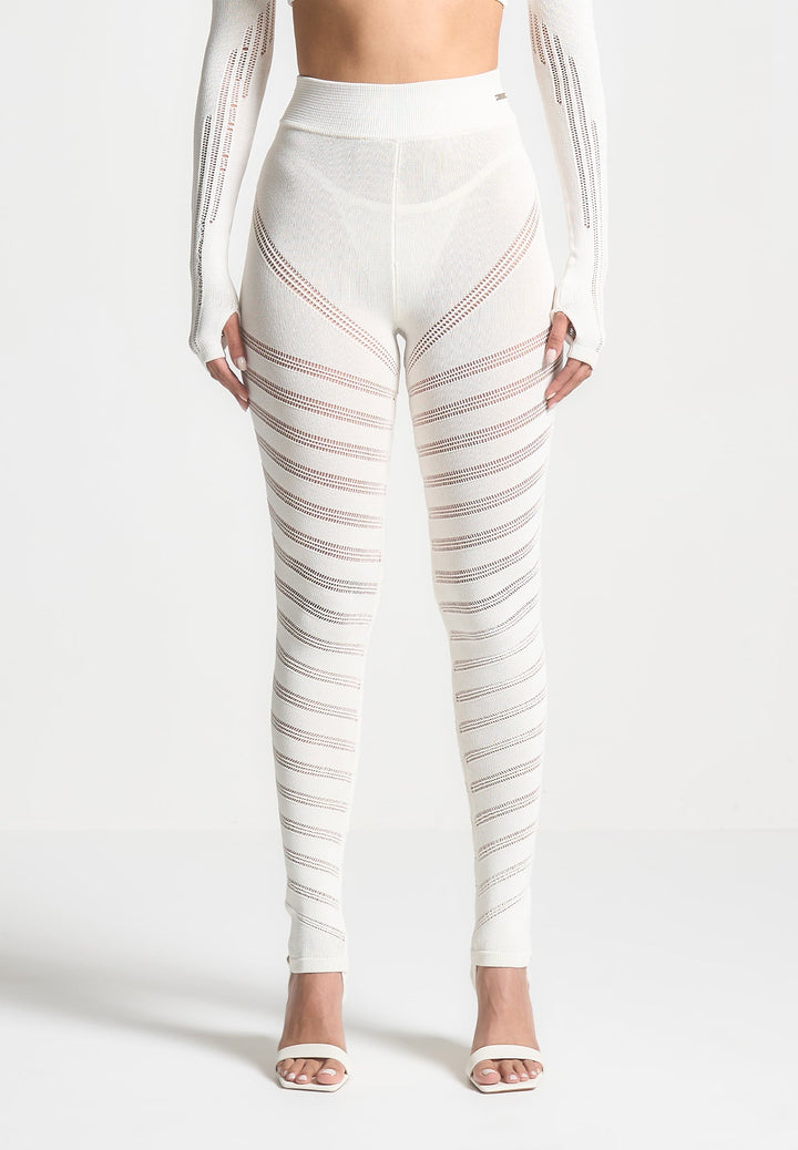 High Waisted Knitted Spiral Contour Leggings - White