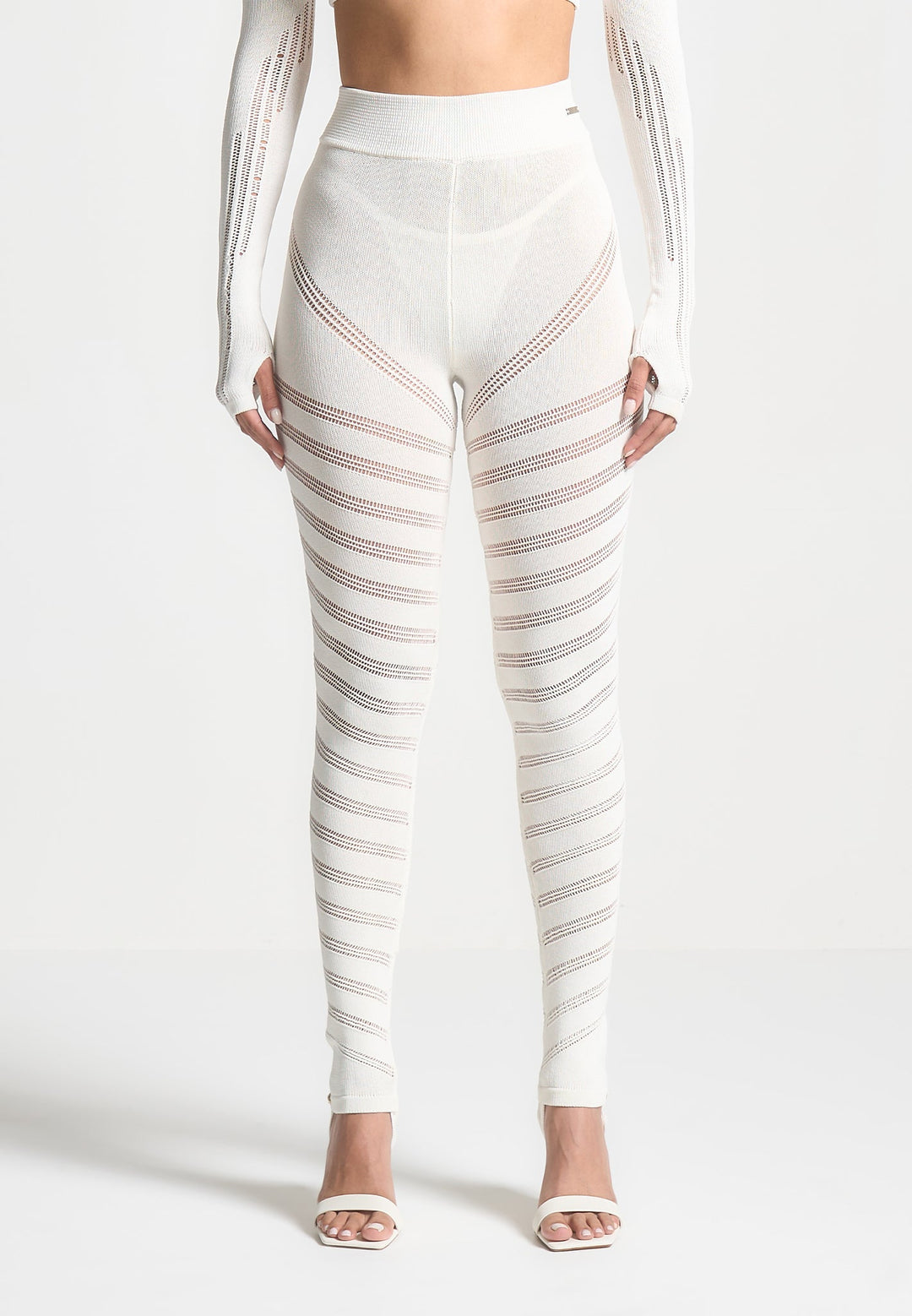 High Waisted Knitted Spiral Contour Leggings - White
