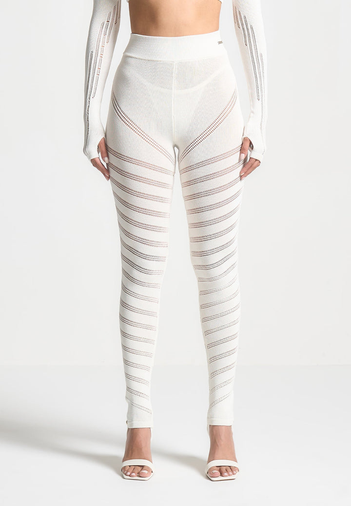 High Waisted Knitted Spiral Contour Leggings - White