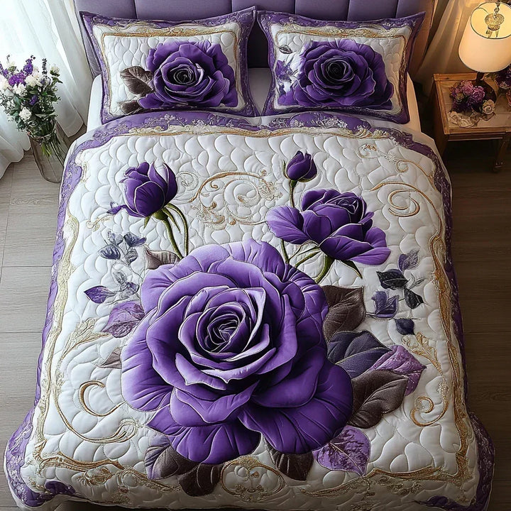 3-Piece Quilted Bedding Set – Purple Rose