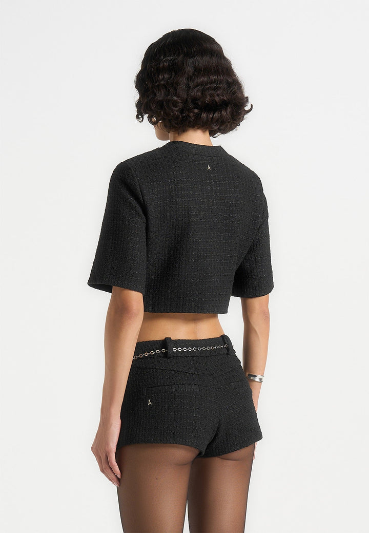 Alba - Tweed Mock Neck Curve Detailing Top - Black