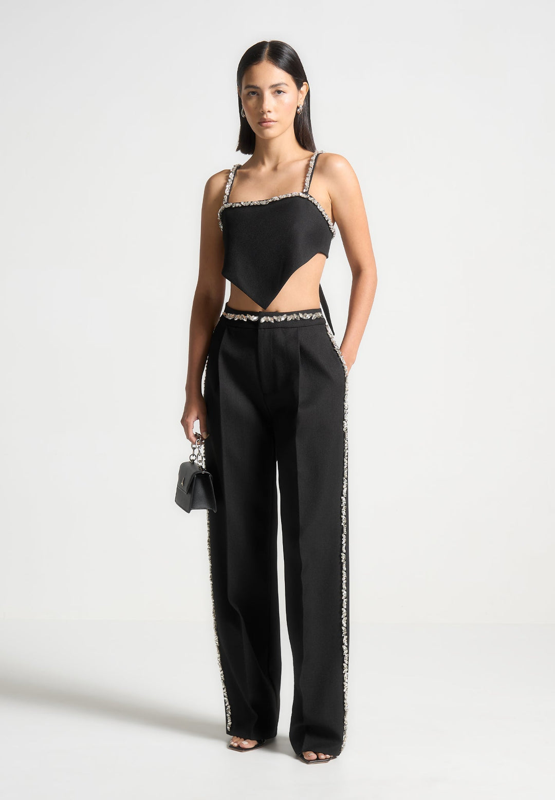 Eloise - Embellished Strap Handkerchief Top - Black