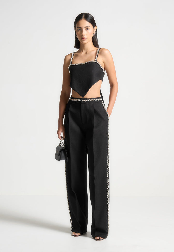 Eloise - Embellished Strap Handkerchief Top - Black