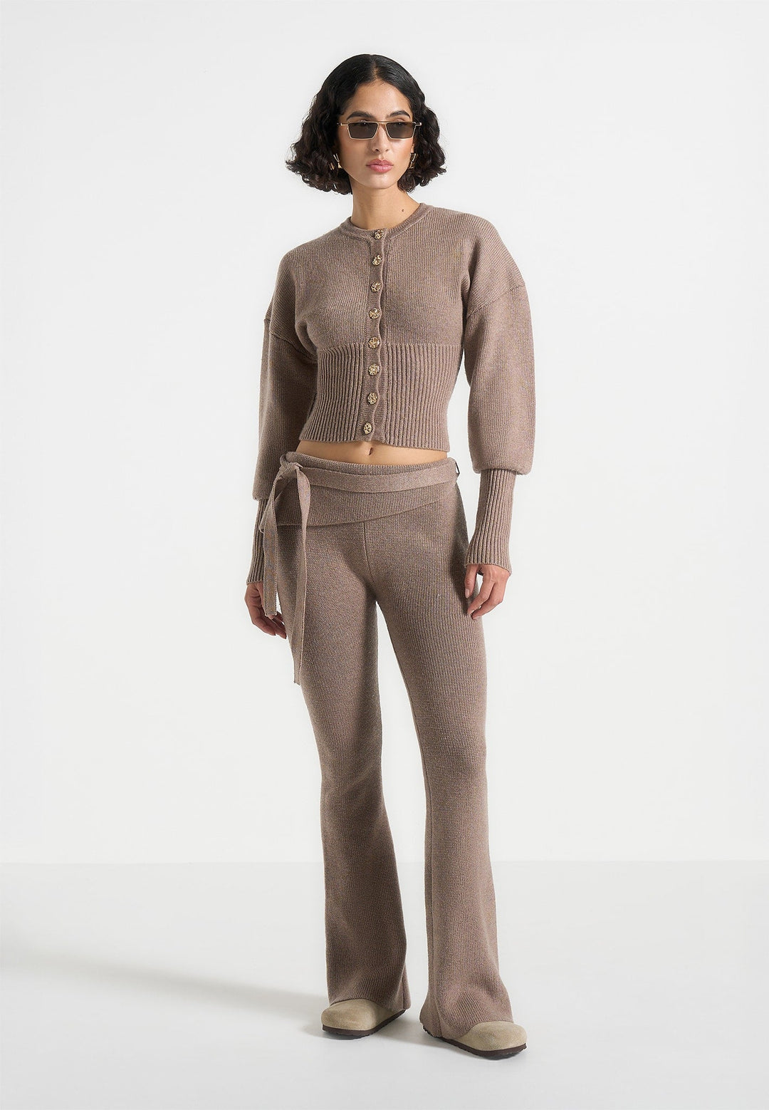 Knitted Fit &amp; Flare Leggings with Belt - Taupe