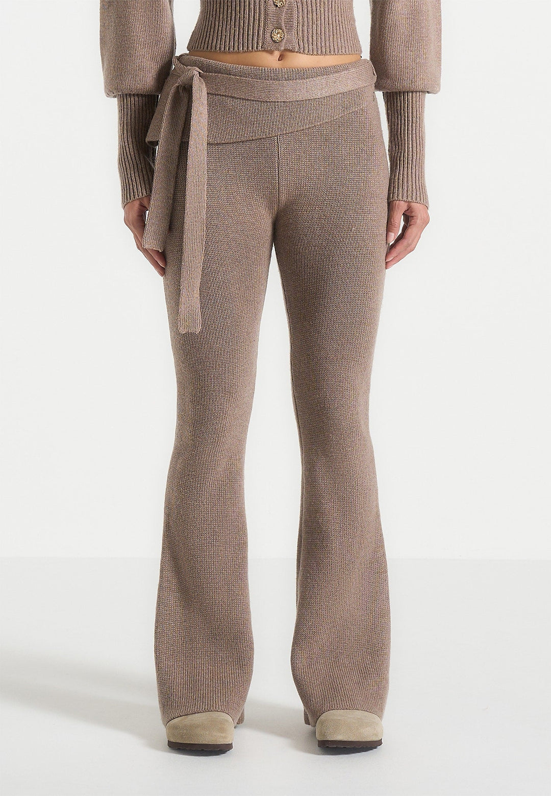 Knitted Fit &amp; Flare Leggings with Belt - Taupe