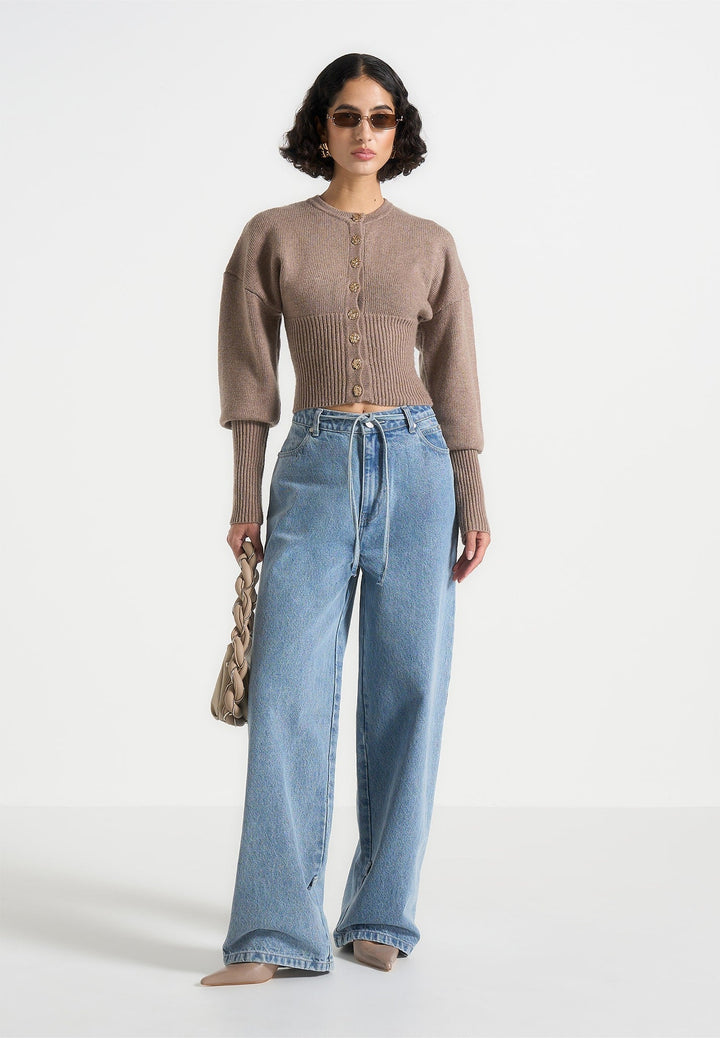 Knitted Cinch Waist Cardigan - Taupe