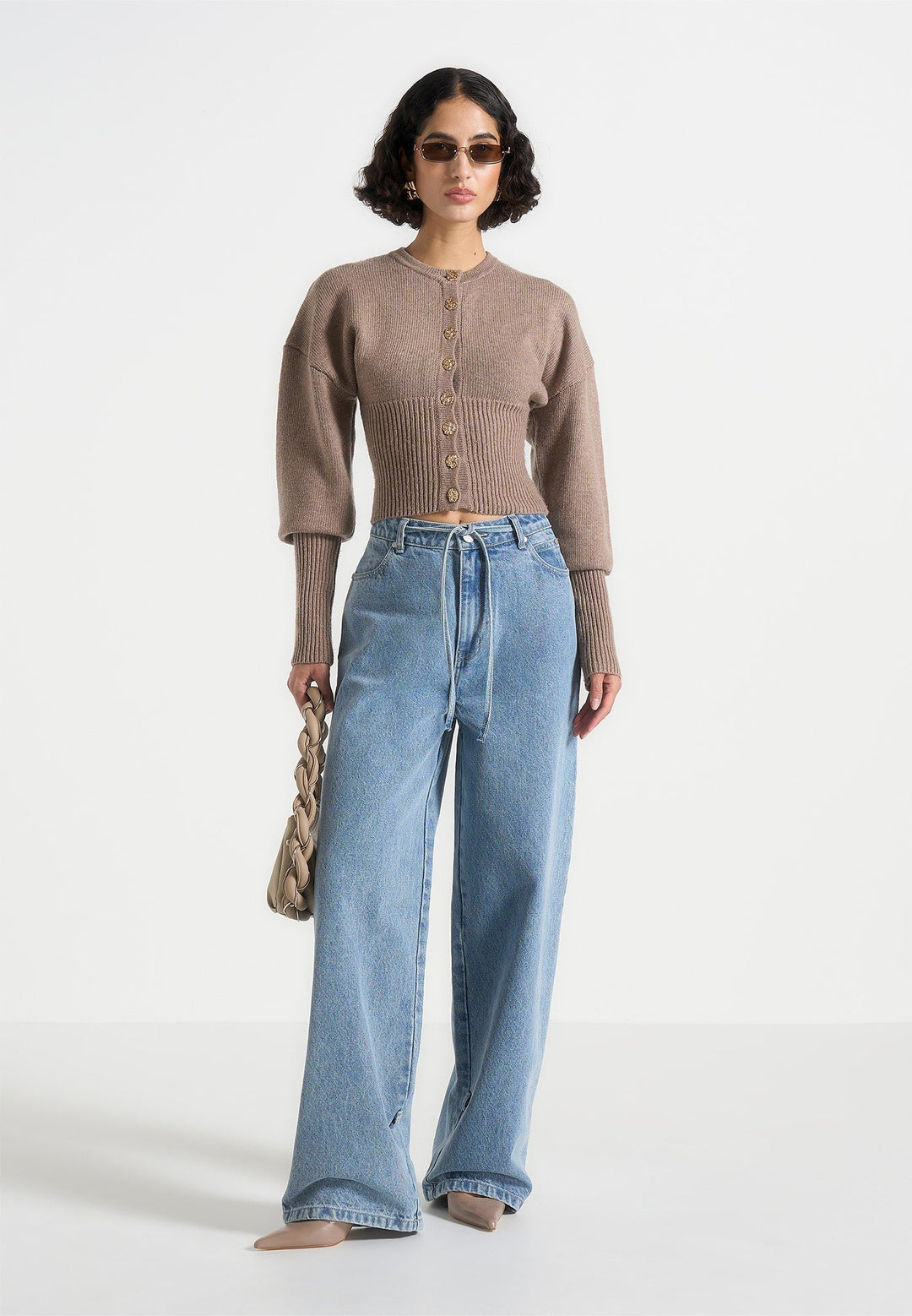 Knitted Cinch Waist Cardigan - Taupe
