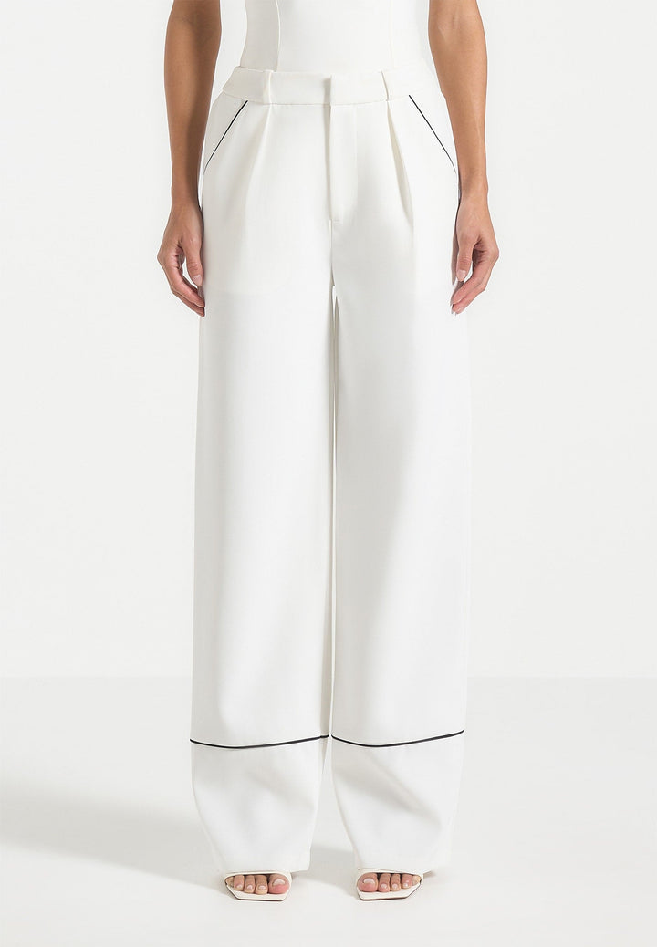 Mina - Contrast Piped Pleated Trousers - White/Black