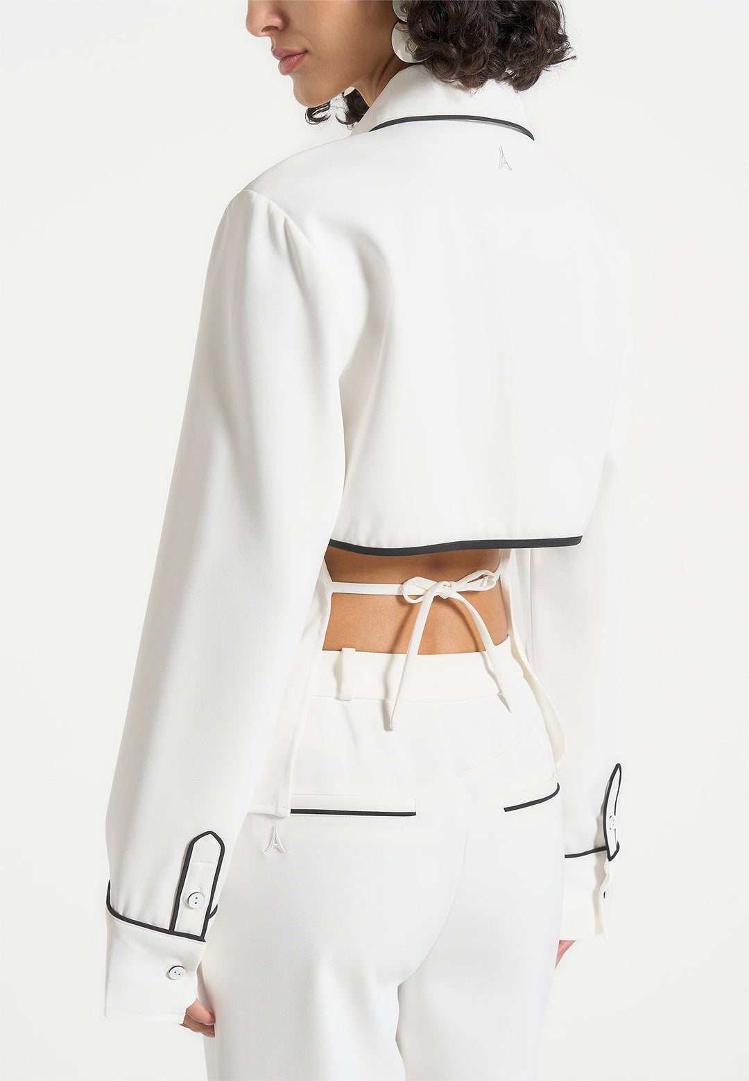 Contrast Piped Backless Tie Shirt - White/Black