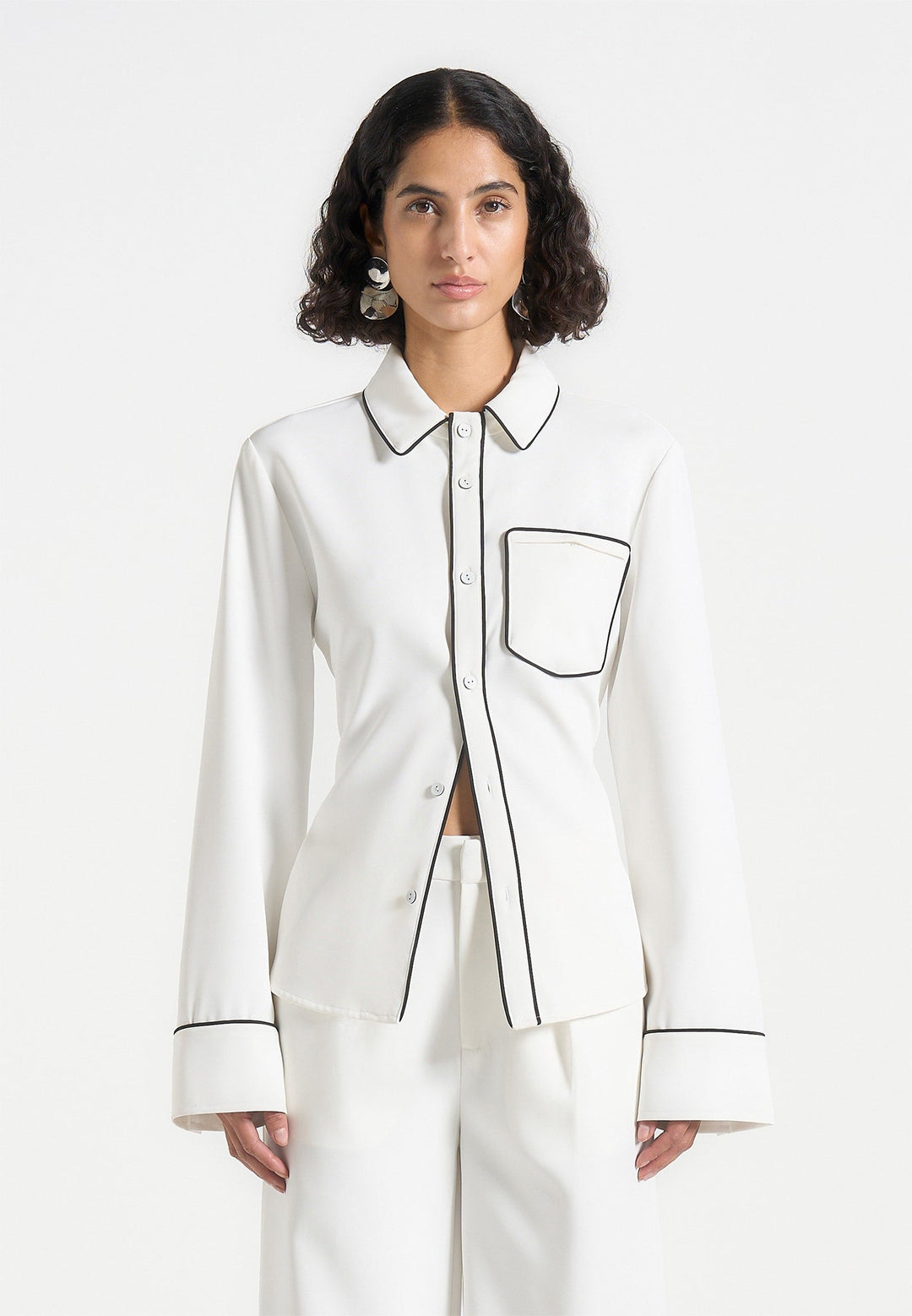 Contrast Piped Backless Tie Shirt - White/Black