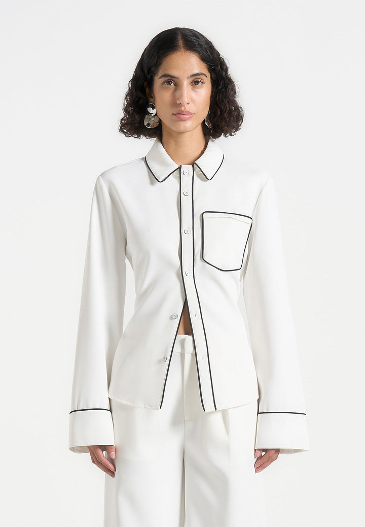 Contrast Piped Backless Tie Shirt - White/Black