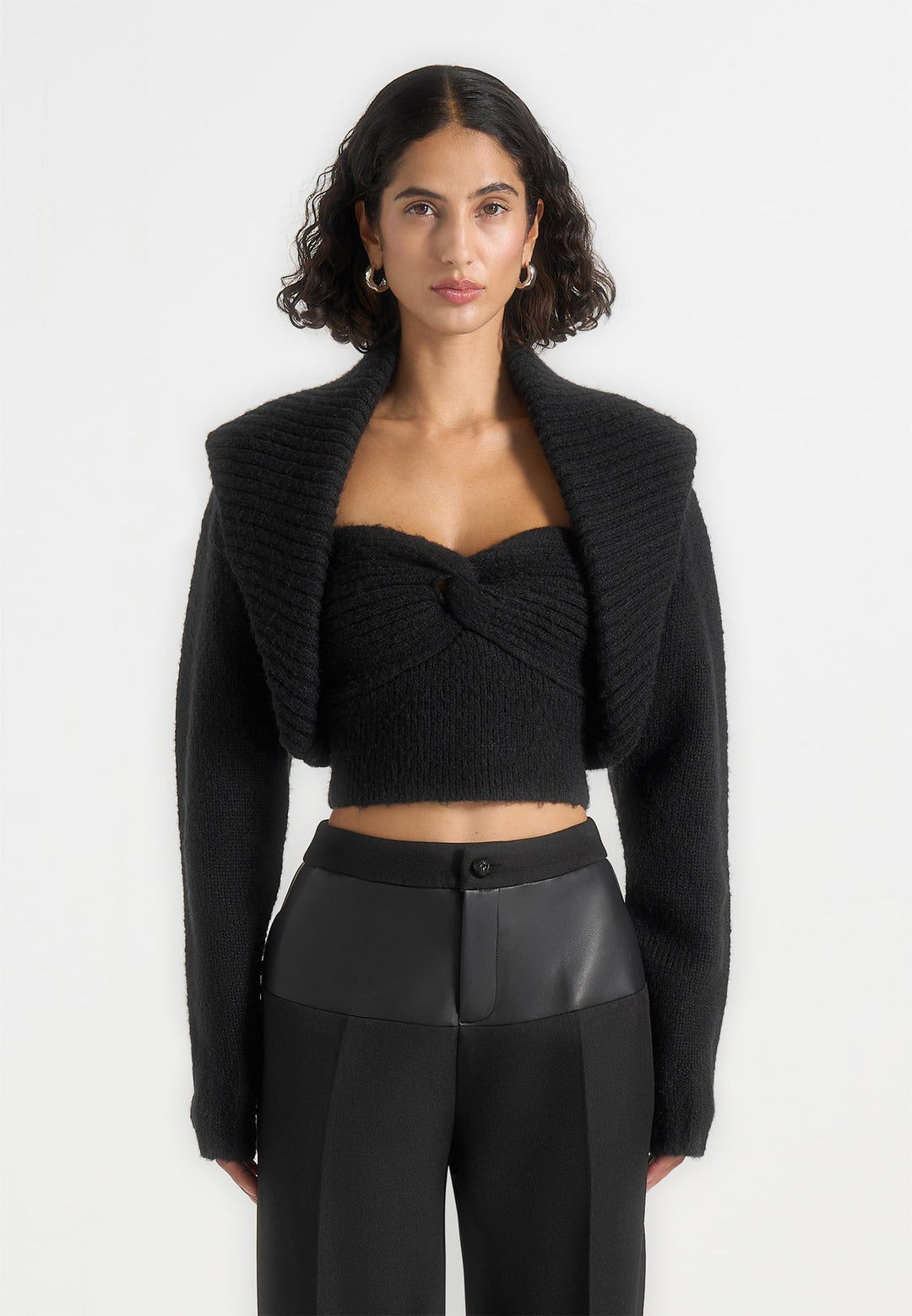 Emya - 2-in-1 Knit Shrug With Twisted Bandeau Top - Black