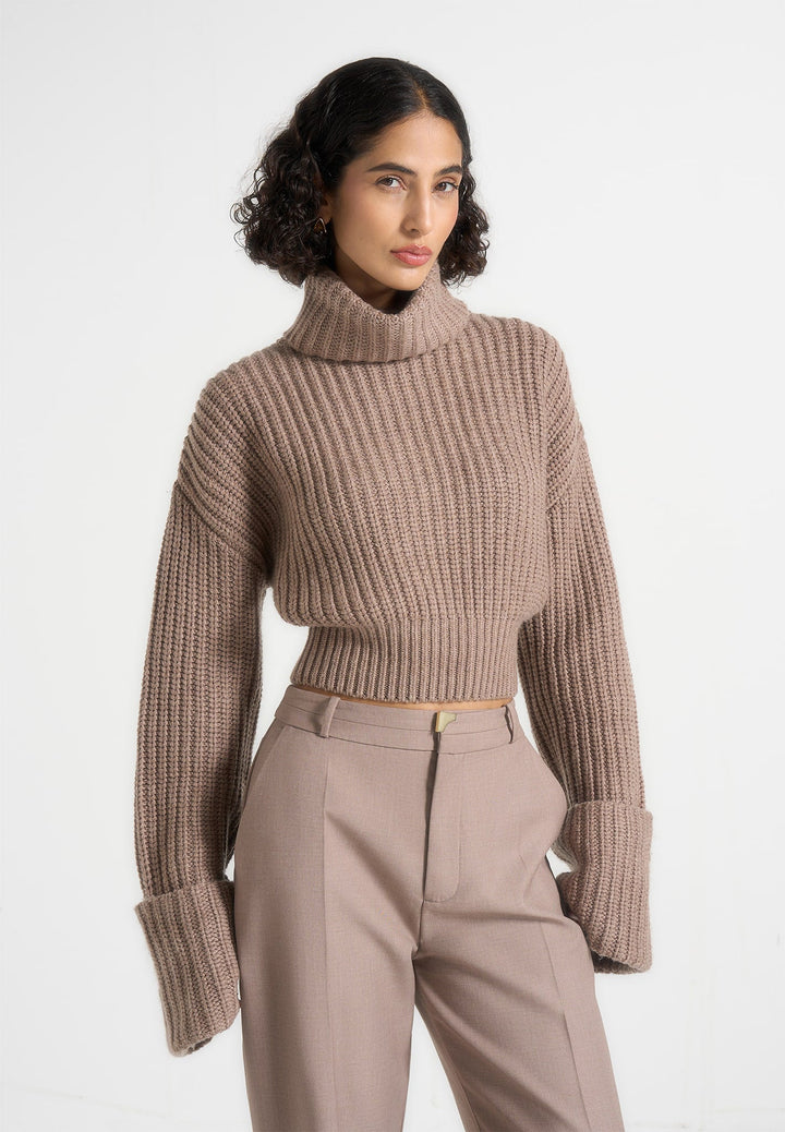 Amaya - Roll Neck Knit Jumper With Cuffs - Taupe