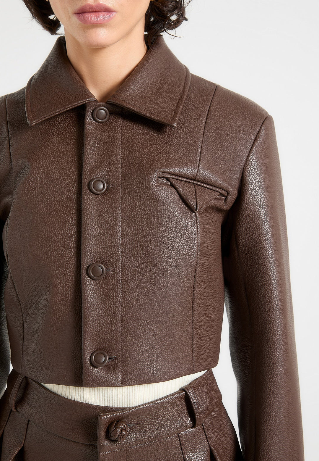 Ania - Wide Shoulder Pebbled Leather Jacket - Brown