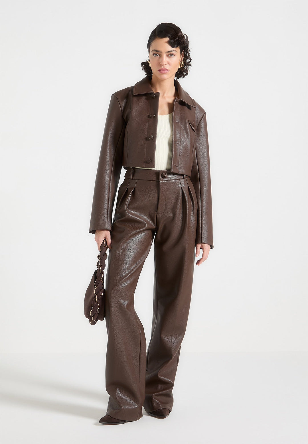 Ania - Wide Shoulder Pebbled Leather Jacket - Brown