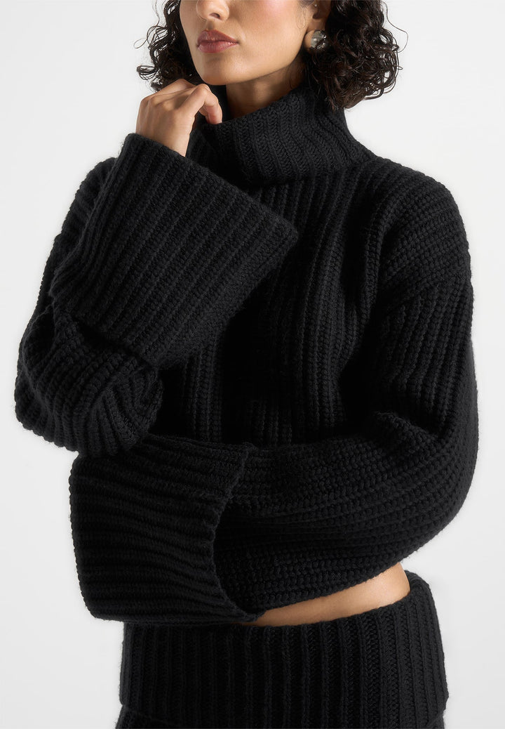 Amaya - Roll Neck Knit Jumper With Cuffs - Black