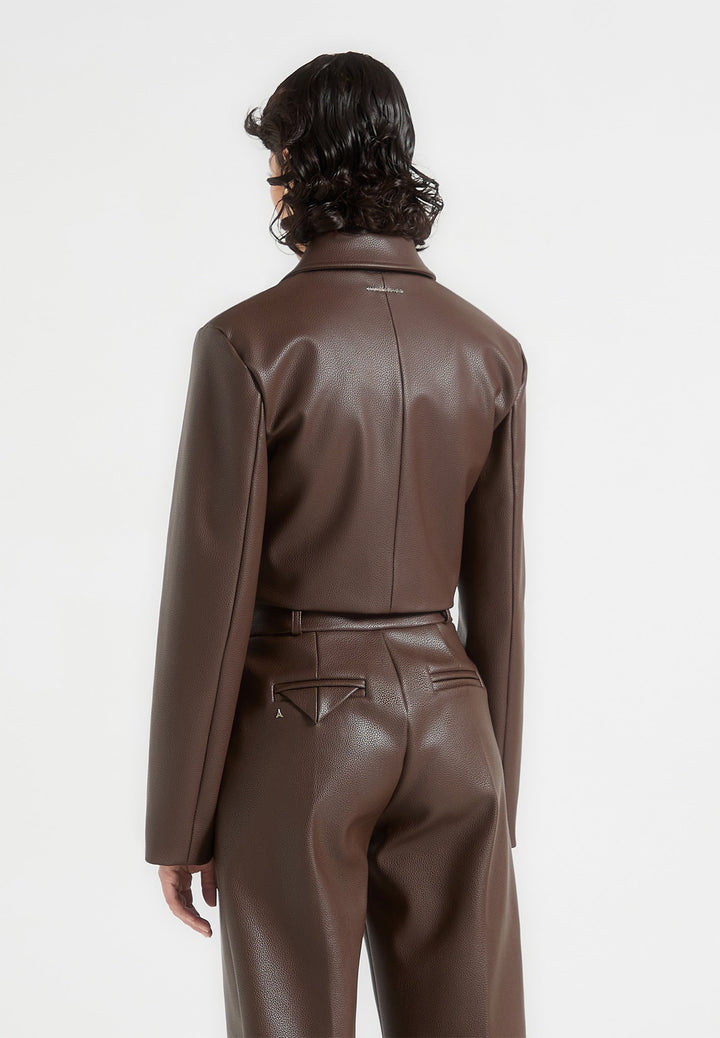 Ania - Wide Shoulder Pebbled Leather Jacket - Brown